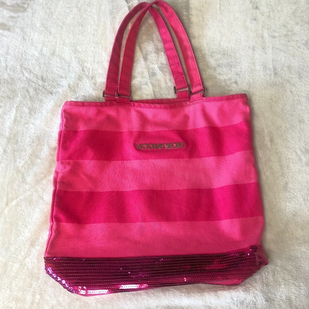 Victoria's Secret Pink Striped Canvas Tote With Sequins